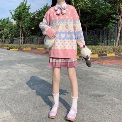 Japanese Cute Student Girl Autumn Fall Winter Warm Strawberry Heart Pattern Embroidery Blue Cream Pastel Stripe Long Sleeve Pink Sweater