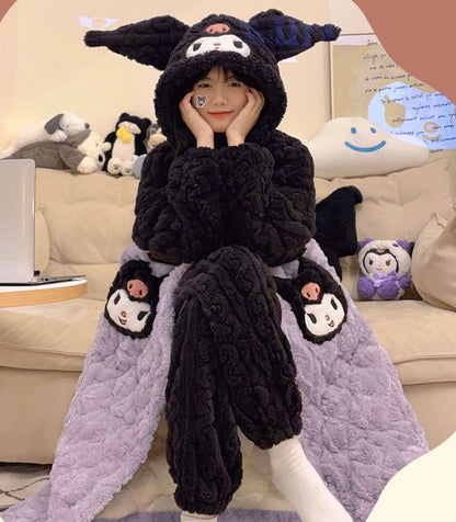 Black & Purple Devil Cartoon Thick Winter Pajamas Hooded Bathrobe & Pants