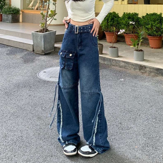 American Retro Y2K High Waist Loose Wide Leg Pants Trousers Dark Blue Denim Jeans