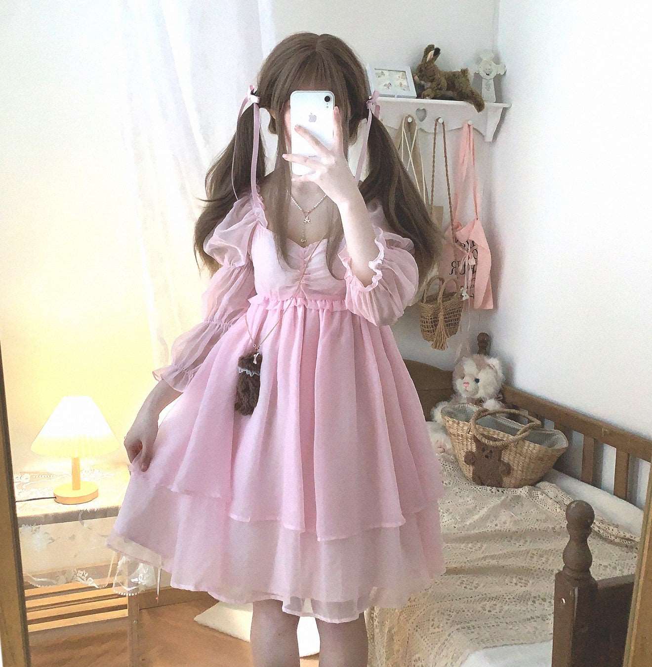 Sweet Girl Coquette Sleepy Princess Chiffon Pink Dress