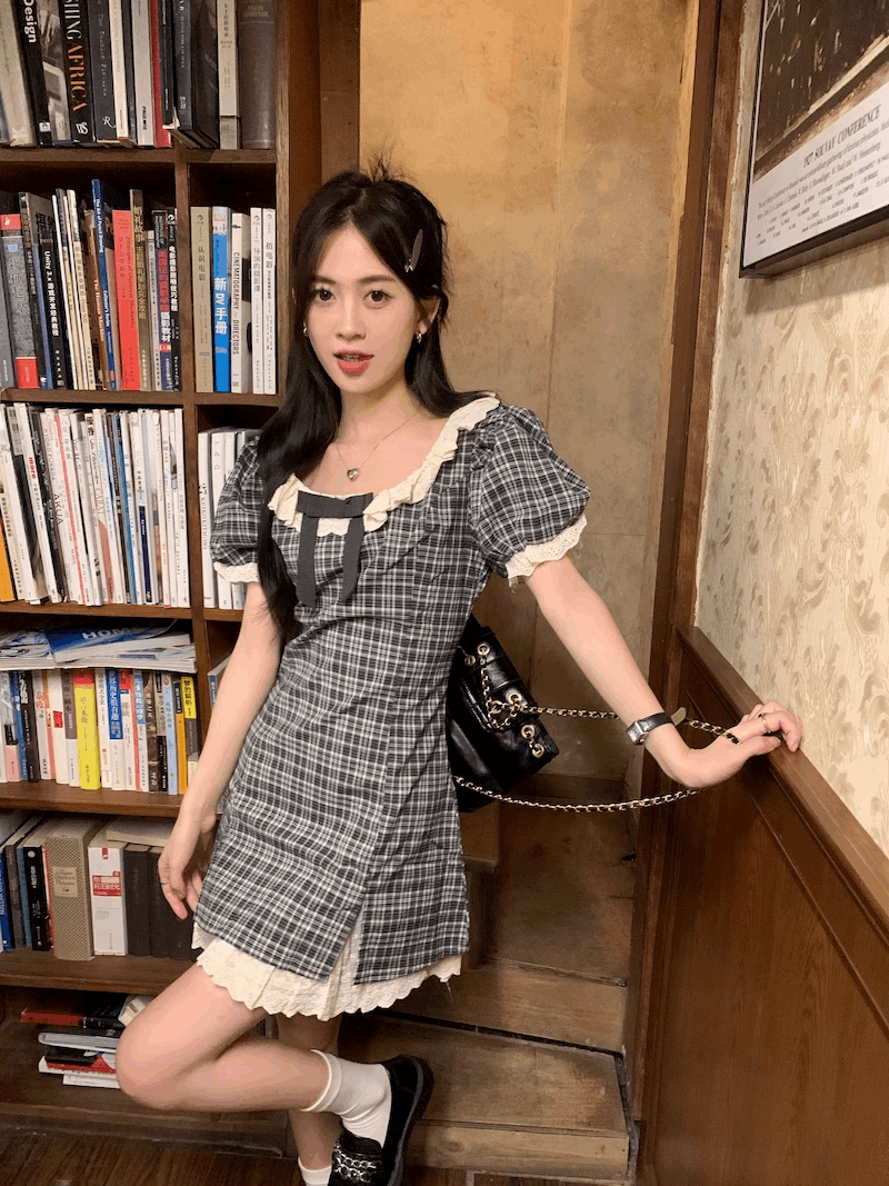 Classic Retro Plaid Black White Bow Lace Spring Summer Puff Sleeve Dress