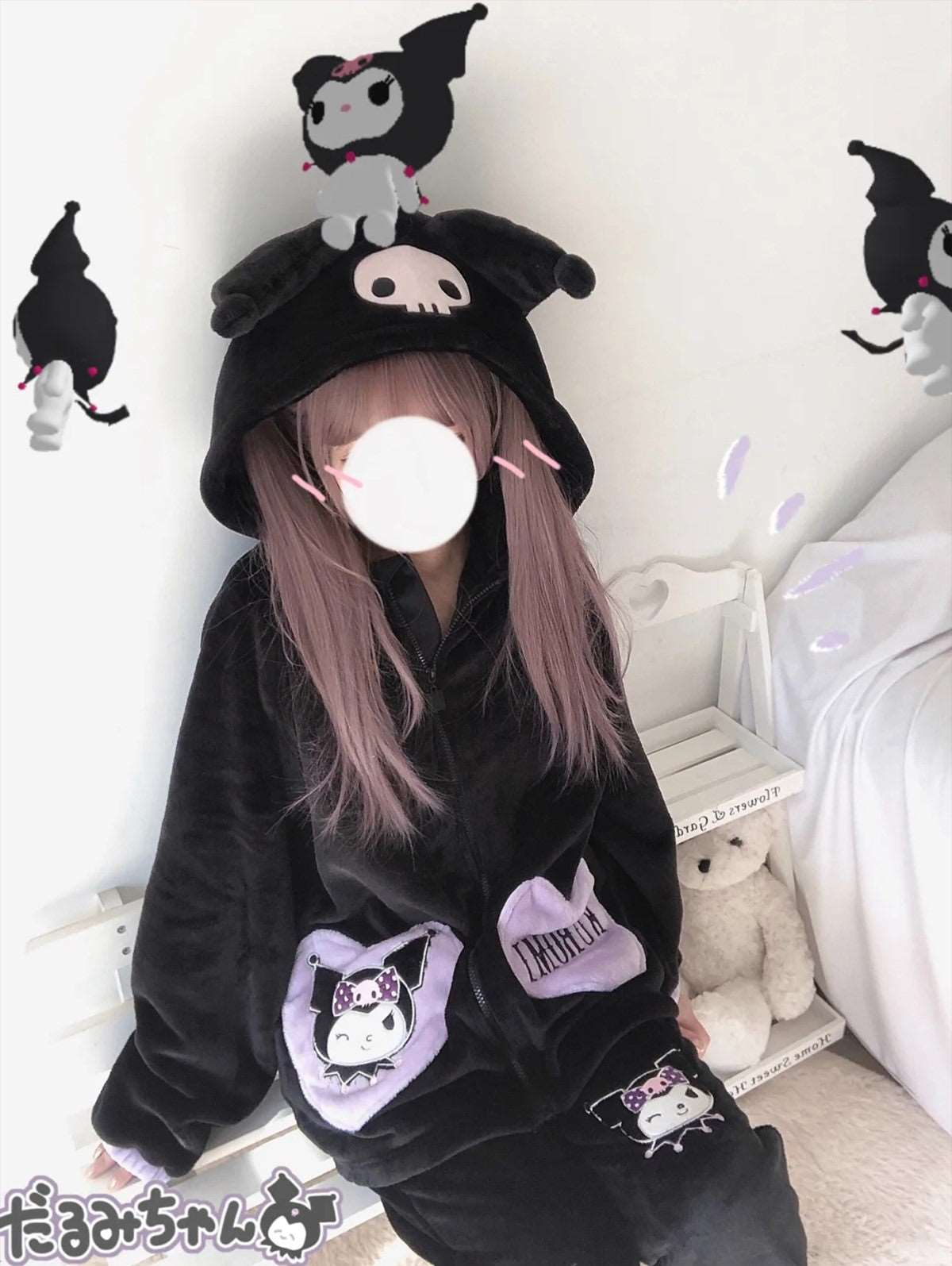 Black Purple Devil Cartoon Plush Flannel Winter Pajamas Hoodie Top & Pants Two Piece