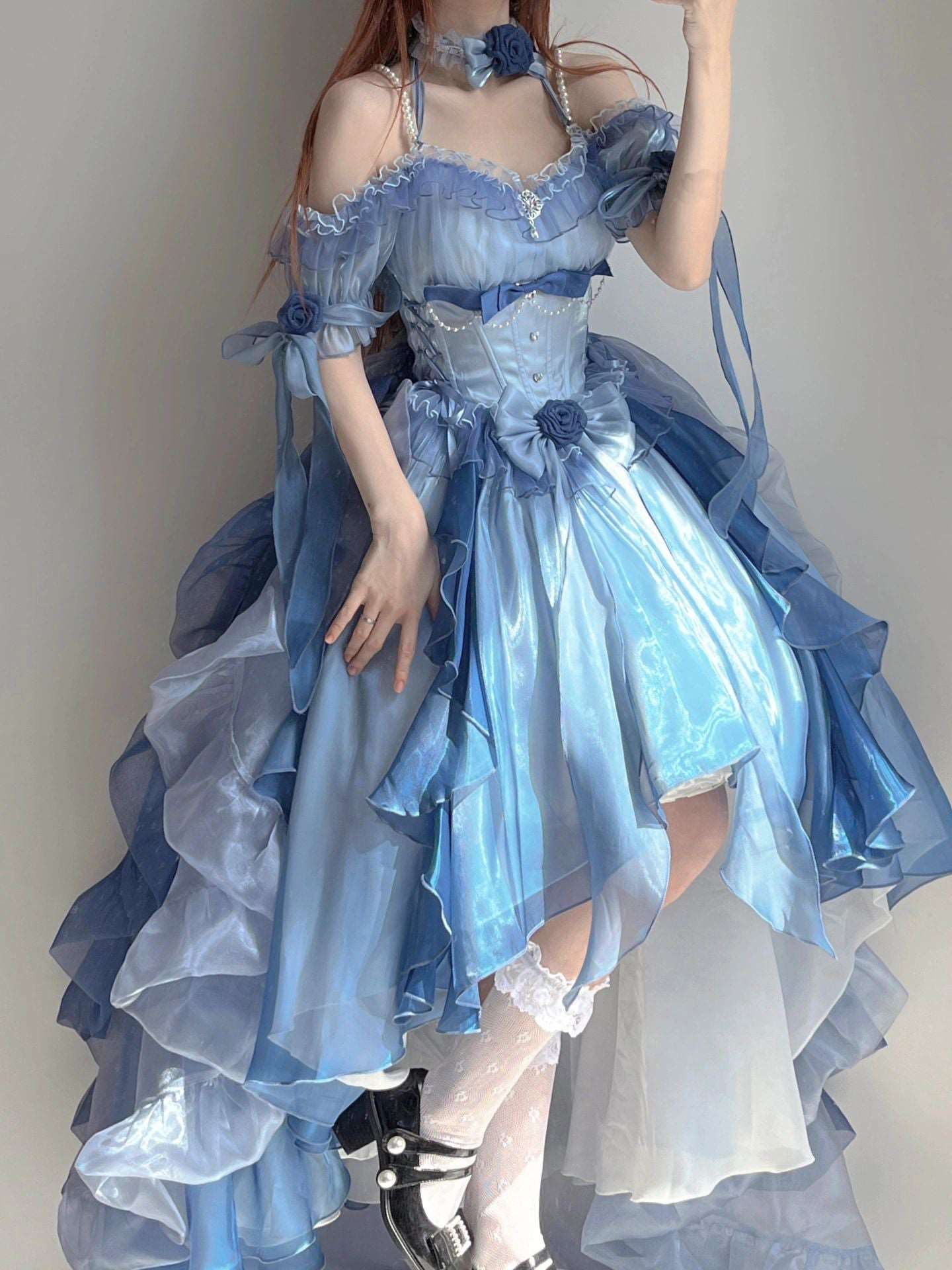 Blue Rose Pearl Decorated Princess Ruffled Bow Layered Elegant Wedding Prom Evening Dress