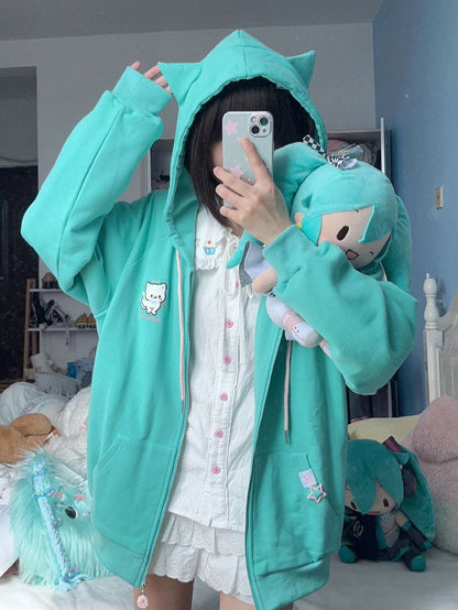 Angel Wings Meow Mint Green Cute Cat Ears Hoodie Jacket