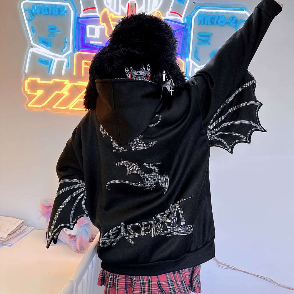 Black Dragon Wings Punk Y2K Streetwear Casual Jacket Hoodie