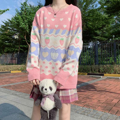 Japanese Cute Student Girl Autumn Fall Winter Warm Strawberry Heart Pattern Embroidery Blue Cream Pastel Stripe Long Sleeve Pink Sweater