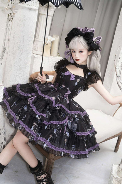 Black & White Violet Purple Rose Goth Girl Gothic Bow Lace Ruffled Layer Dress