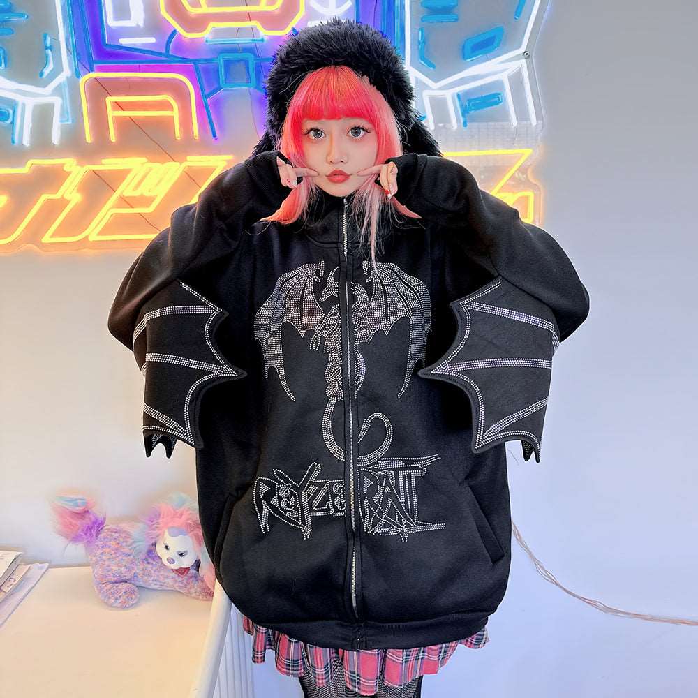 Black Dragon Wings Punk Japanese Harajuku Y2K Streetwear Casual Rhinestone Jacket Hoodie