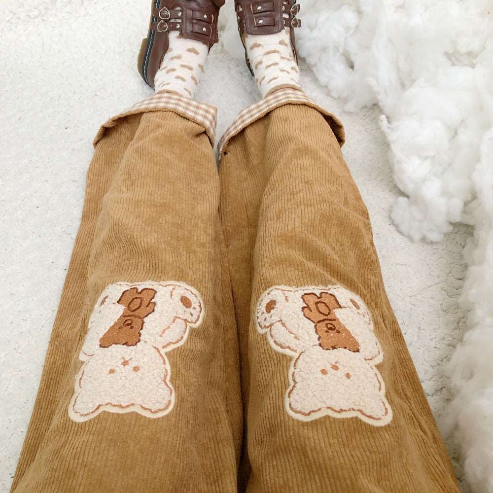 Spring Autumn Winter Bear Teddy Embroidery Wide Leg Trouser Pants
