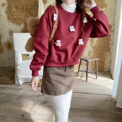 3D Teddy Bear Autumn Pullover Sweatshirt Red Cream Sweater