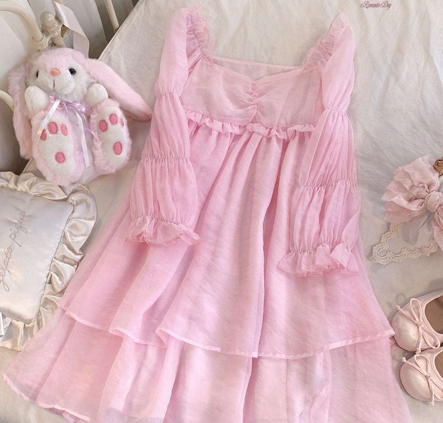 Sweet Girl Coquette Sleepy Princess Chiffon Pink Dress