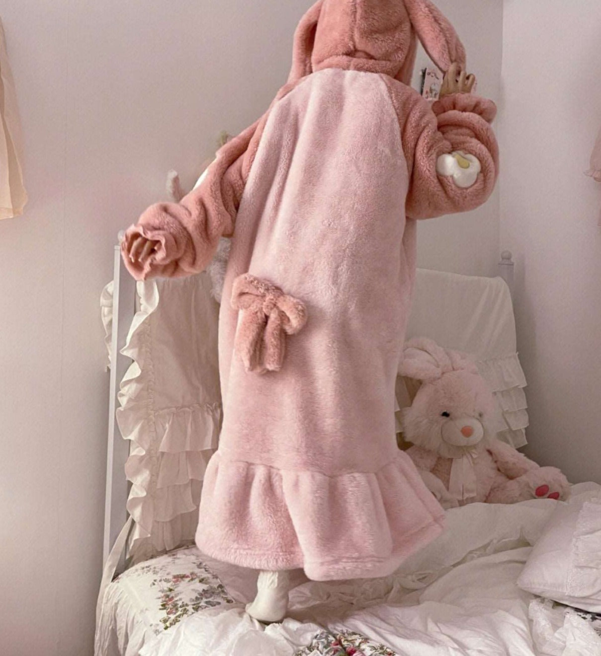 Japanese Winter Thick Warm Soft Sanrio My Melody Ears Hoodies Cute Nightgown Pink Long Coat Pants Pajamas Two Piece Set