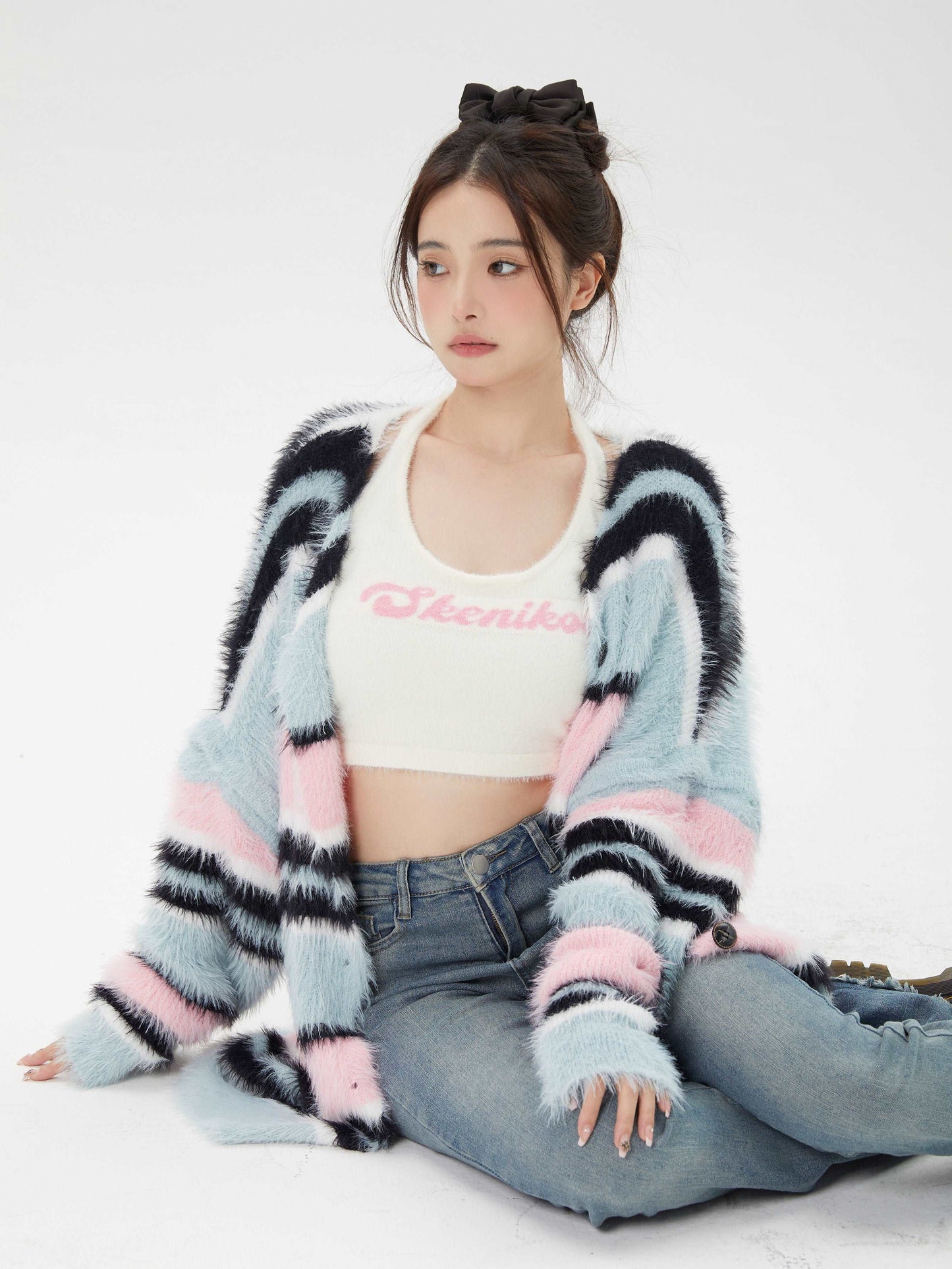 Chic Modern Sexy Girl Ice Cream Blue Pink Black Stripe Fluffy Cardigan & White Tank Tops Two Piece