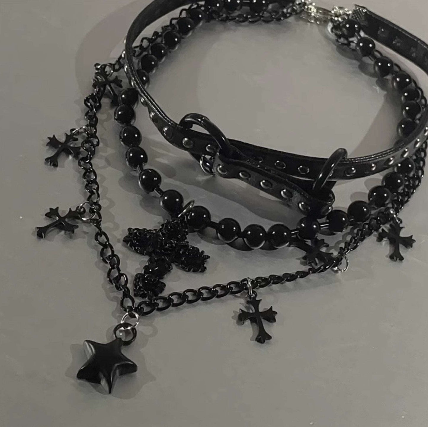 Black Gothic EGL Cross Star Double Layer Beaded Leather Necklace