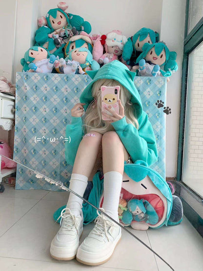 Y2K Angel Wings Meow Mint Turquoise Vocaloid Hatsune Miku Green Cute Cat Ears Japanese Girl Spring Comfy Hoodie Jacket