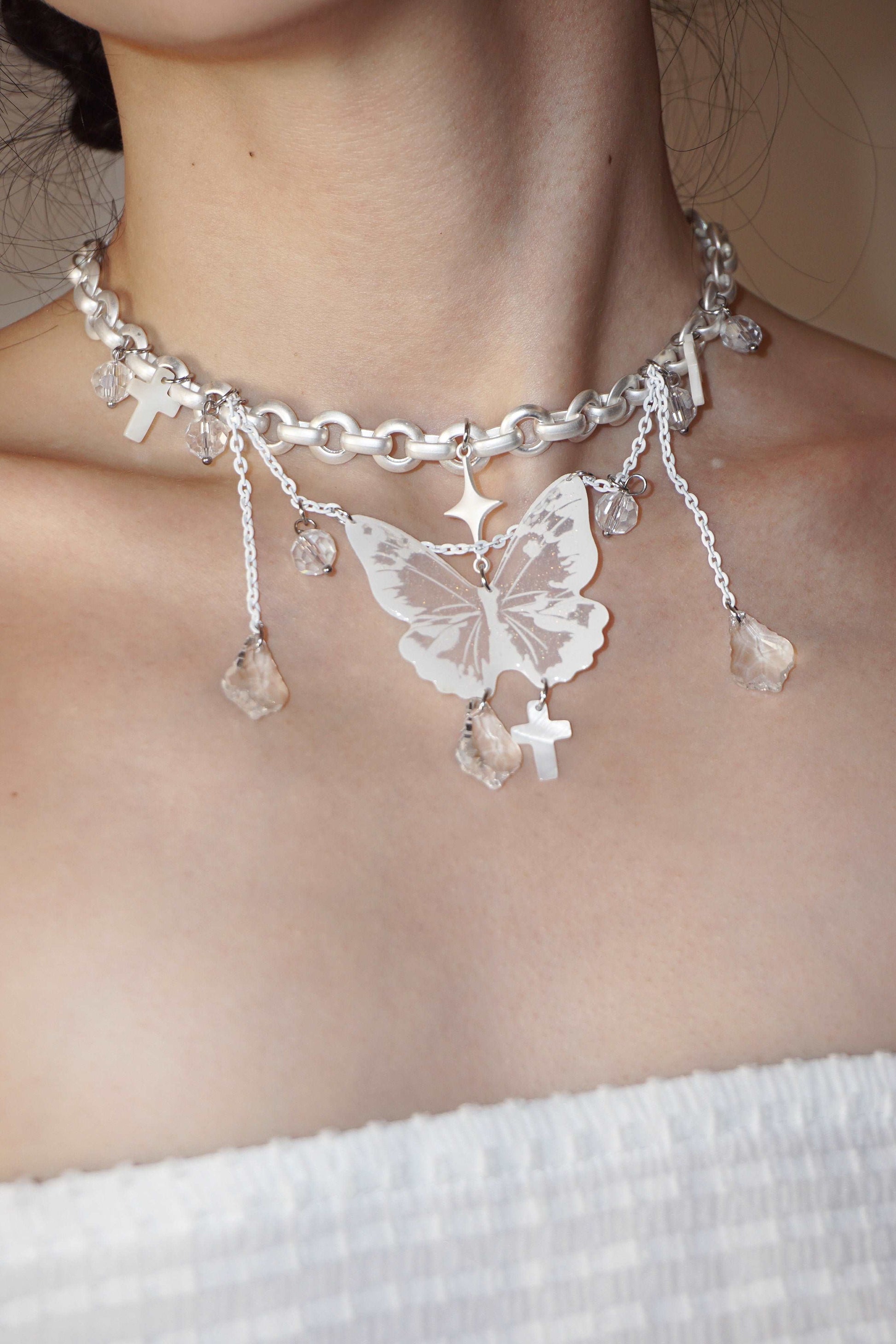 Butterfly Cross White Crystal Star Multi Layer White Angel Necklace