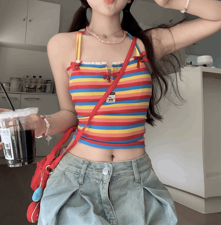 Colorful Rainbow Green Red Blue Yellow Retro Sleeveless Backless Summer Camisole Stripe Top