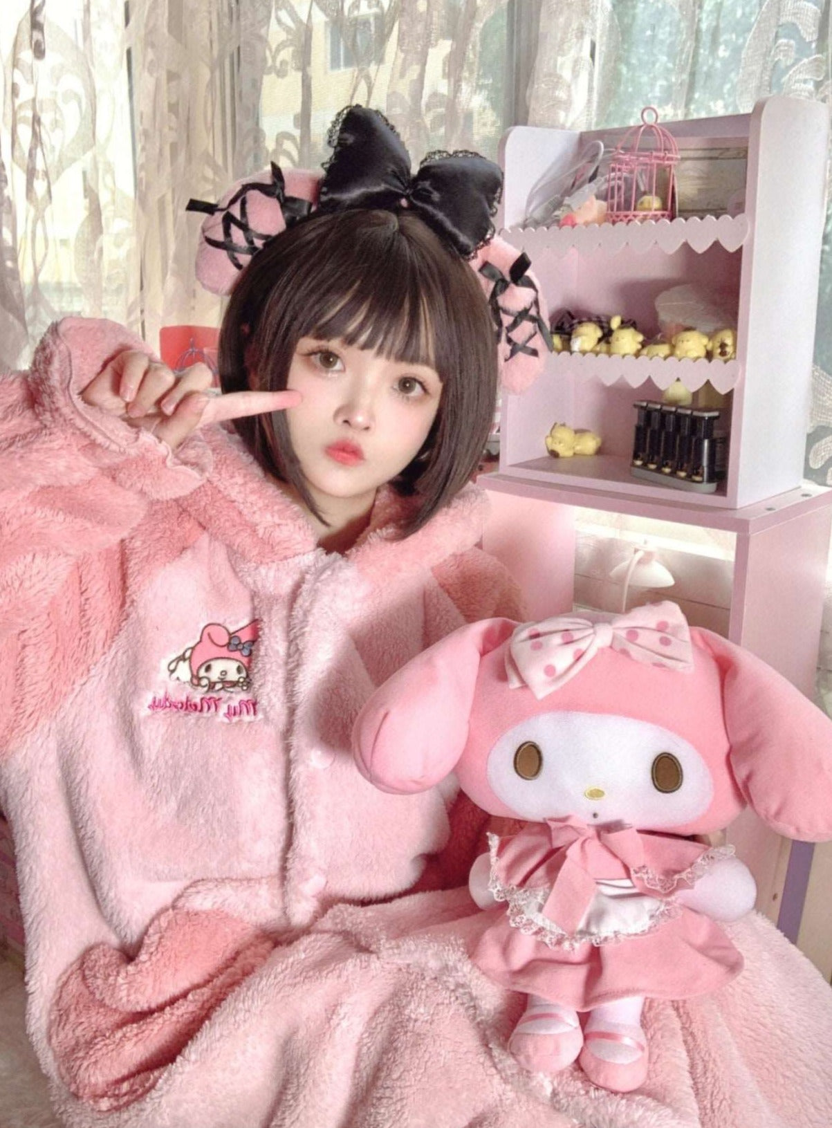 Japanese Winter Thick Warm Soft Sanrio My Melody Ears Hoodies Cute Nightgown Pink Long Coat Pants Pajamas Two Piece Set