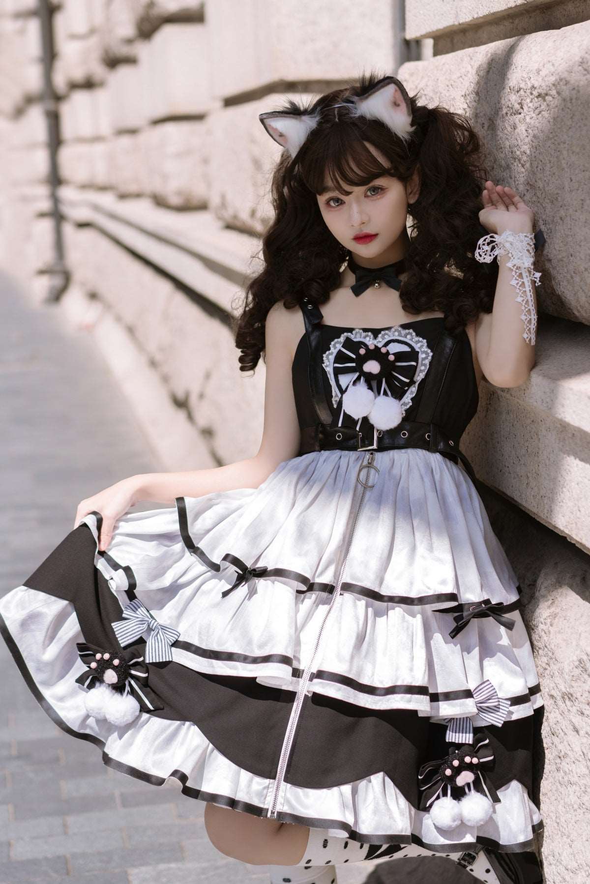 Black & White Cat Paw Maid Outfit Strap Dress Belt Collar Three Piece Set