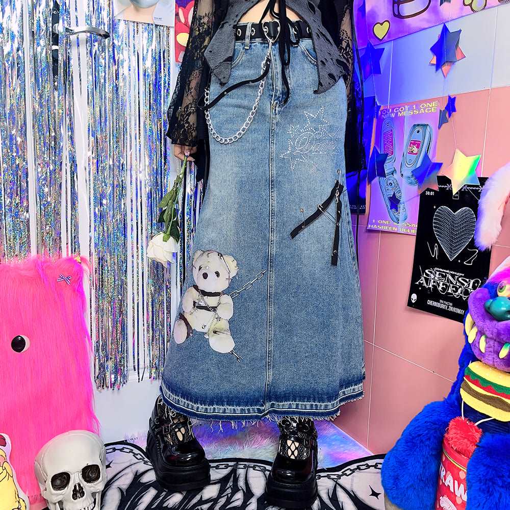 American Bear Chain Street Hiphop Style Trendy Y2K Hot Girl Fashion Mid-length Denim Skirt