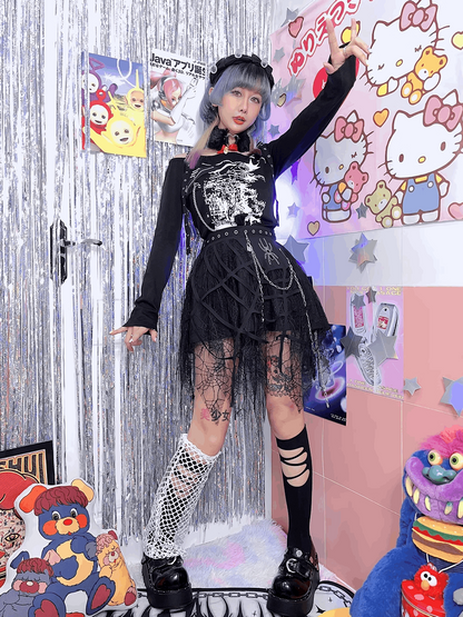 Black Punk Rock Gothic Girl Spider Silver Chain Lace Short Skirt