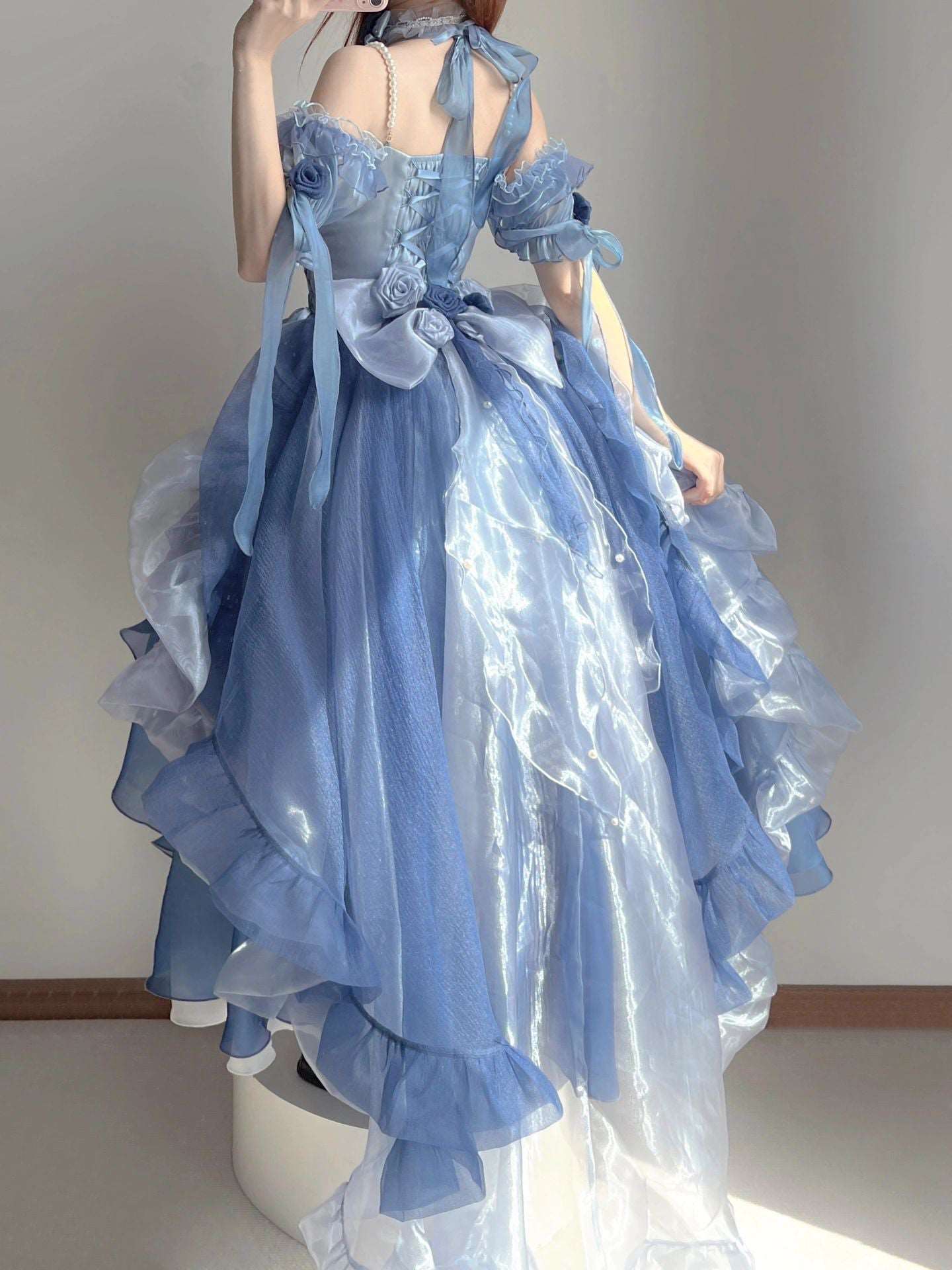 Blue Rose Pearl Decorated Princess Ruffled Bow Layered Elegant Wedding Prom Evening Dress