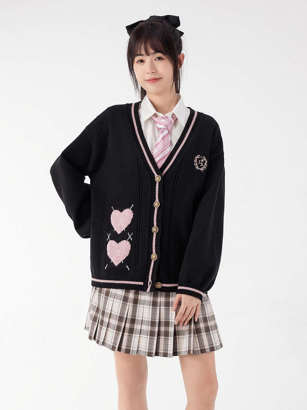 Black Pink Love Heart Emboidery School Girl Japanese Student Autumn Winter Cozy Comfy Knitted Cardigan