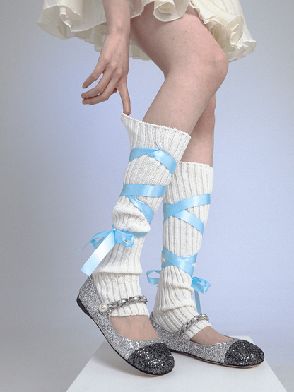 Balletcore Coquette Bow Soft Girl Pink White Blue Gray Leg Warmers Socks