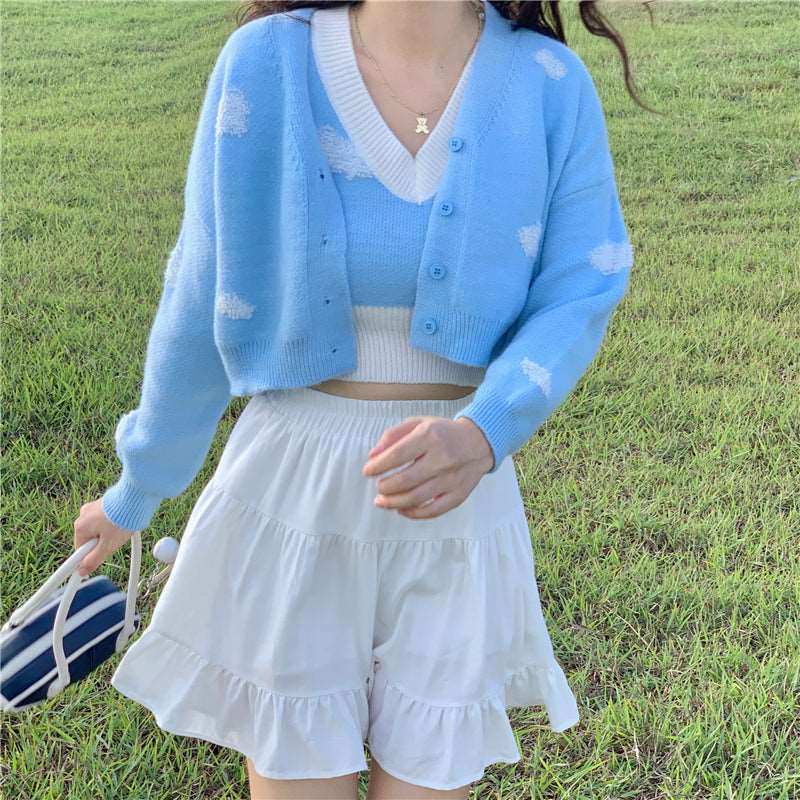 Autumn Winter Soft Girl Aesthetics Pastel Blue Cloud Knitted Embroidery Vest Tops & Cardigan Sweaters Two piece Set