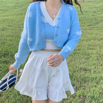 Autumn Winter Soft Girl Aesthetics Pastel Blue Cloud Knitted Embroidery Vest Tops & Cardigan Sweaters Two piece Set