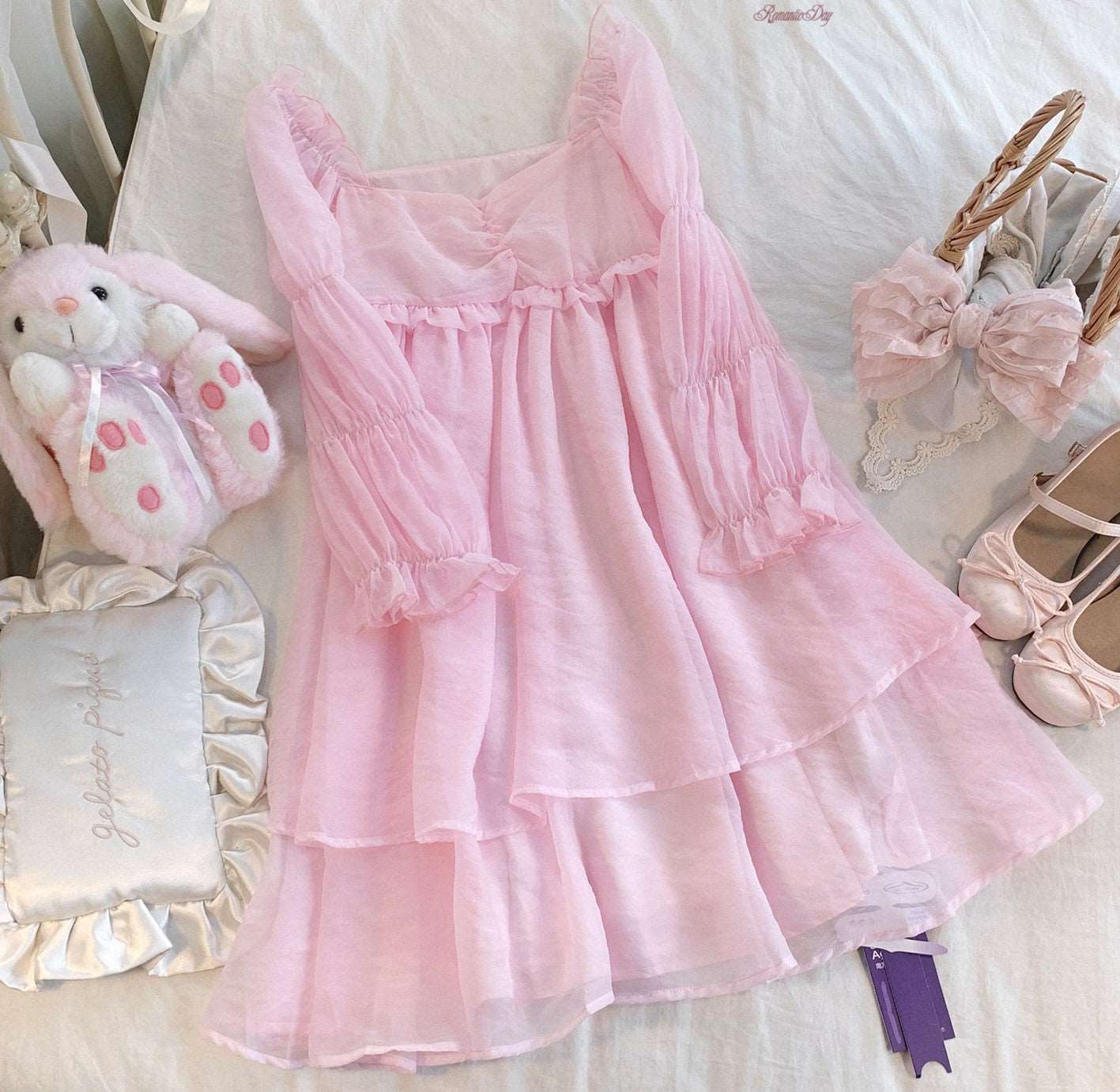 Sweet Girl Coquette Sleepy Princess Chiffon Pink Dress