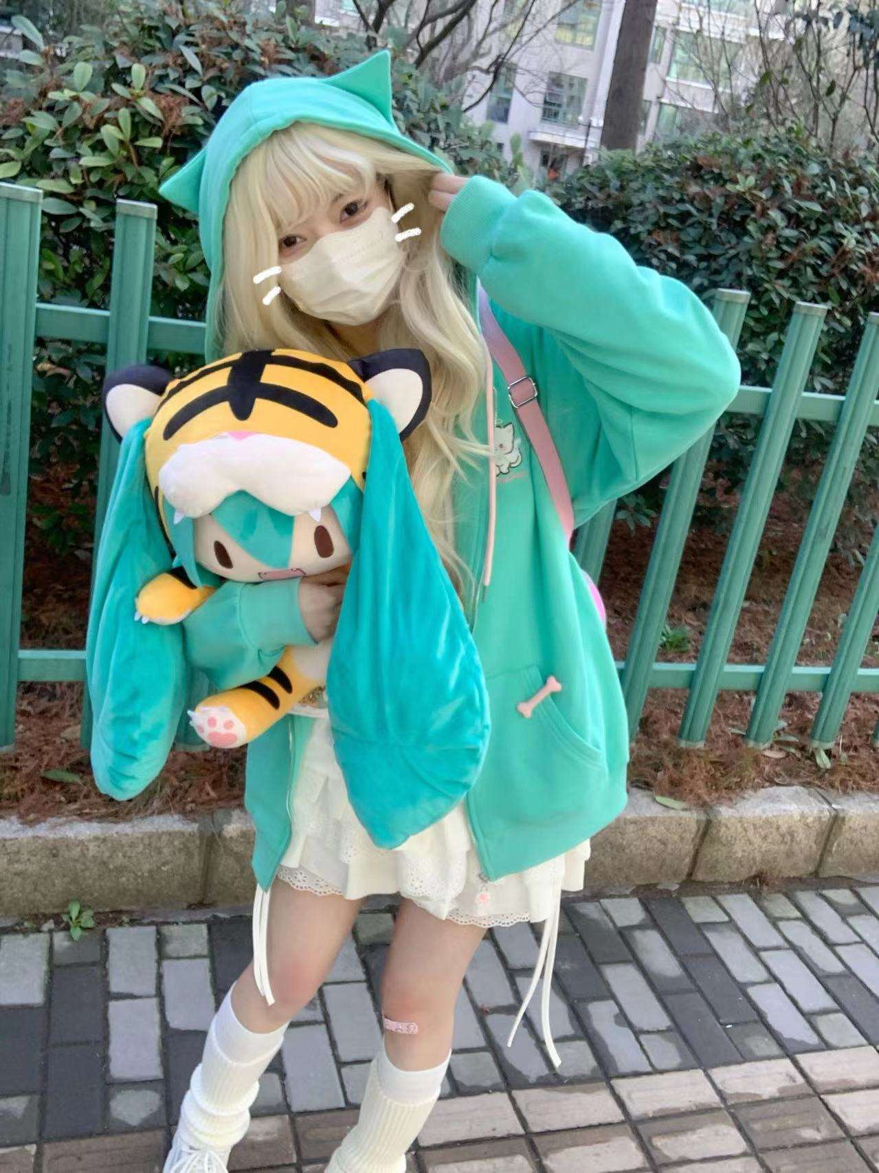 Y2K Angel Wings Meow Mint Turquoise Vocaloid Hatsune Miku Green Cute Cat Ears Japanese Girl Spring Comfy Hoodie Jacket