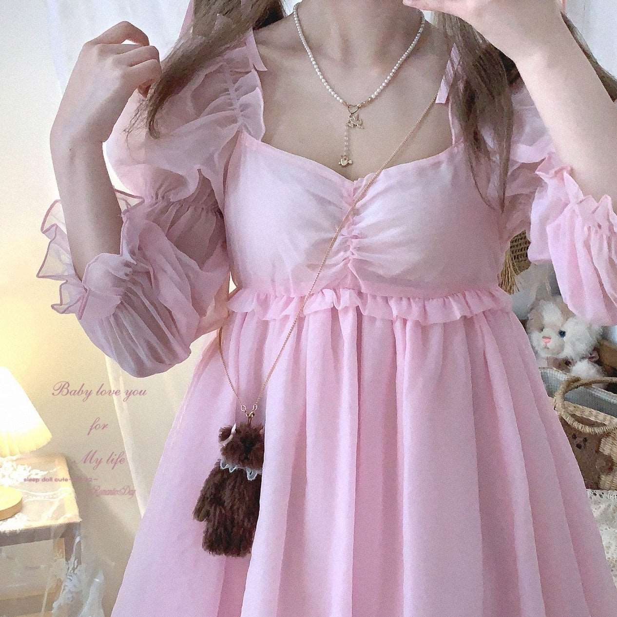 Sweet Girl Coquette Sleepy Princess Chiffon Pink Dress