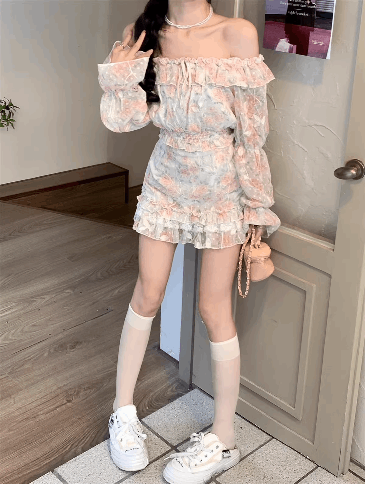 Colorful Sweet Flowers Floral Print Chiffon Lace Spring Summer Off Shoulder Long Sleeve Shirt & Short Skirt Two Piece Set