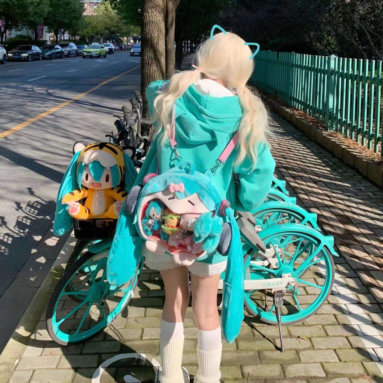 Y2K Angel Wings Meow Mint Turquoise Vocaloid Hatsune Miku Green Cute Cat Ears Japanese Girl Spring Comfy Hoodie Jacket