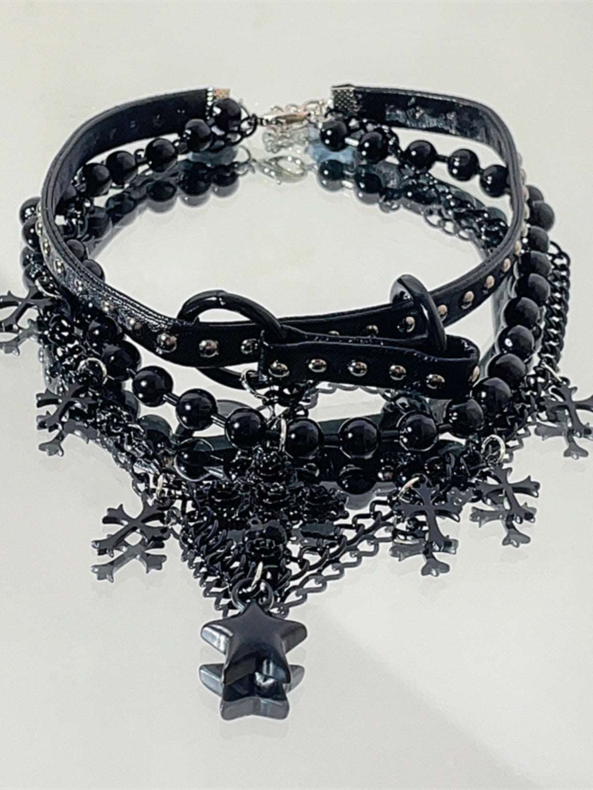 Black Gothic EGL Cross Star Double Layer Beaded Leather Necklace