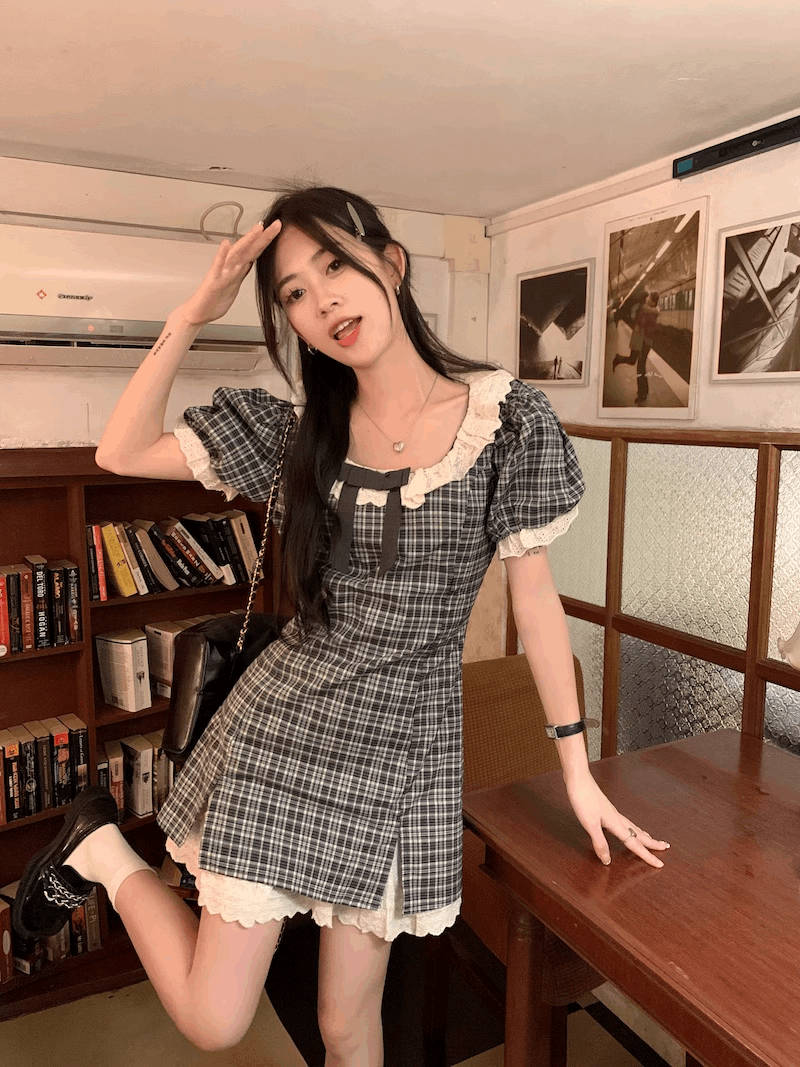 Classic Retro Plaid Black White Bow Lace Spring Summer Puff Sleeve Dress