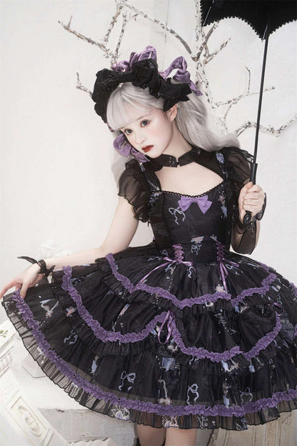 Black & White Violet Purple Rose Goth Girl Gothic Bow Lace Ruffled Layer Dress