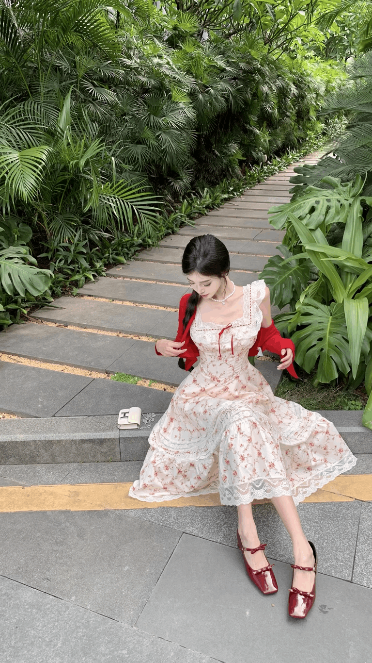 Beige Red Floral Print Long Sundress Summer Dress & Red Cardigan Two Piece Set