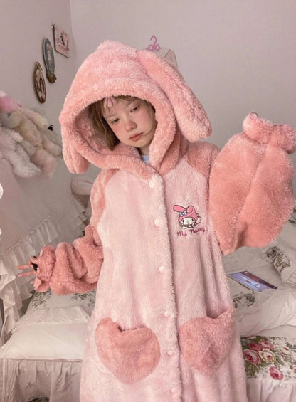 Japanese Winter Thick Warm Soft Sanrio My Melody Ears Hoodies Cute Nightgown Pink Long Coat Pants Pajamas Two Piece Set