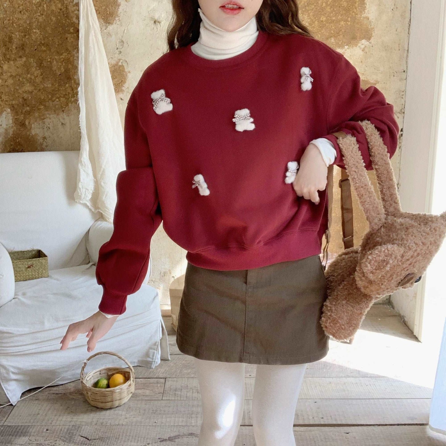 3D Teddy Bear Autumn Pullover Sweatshirt Red Cream Sweater