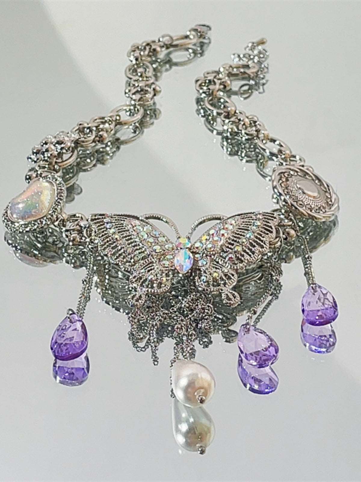 Baroque Style 3D Crystal Butterfly Tassel Chain Necklace