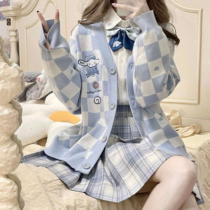 Cute Japanese Student School Uniform Knitted Cartoon Checkerboard Pattern Soft Girl Aesthetics Sweaters Cardigan