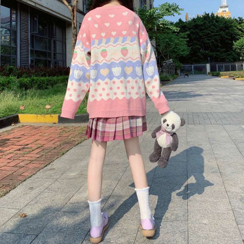 Japanese Cute Student Girl Autumn Fall Winter Warm Strawberry Heart Pattern Embroidery Blue Cream Pastel Stripe Long Sleeve Pink Sweater