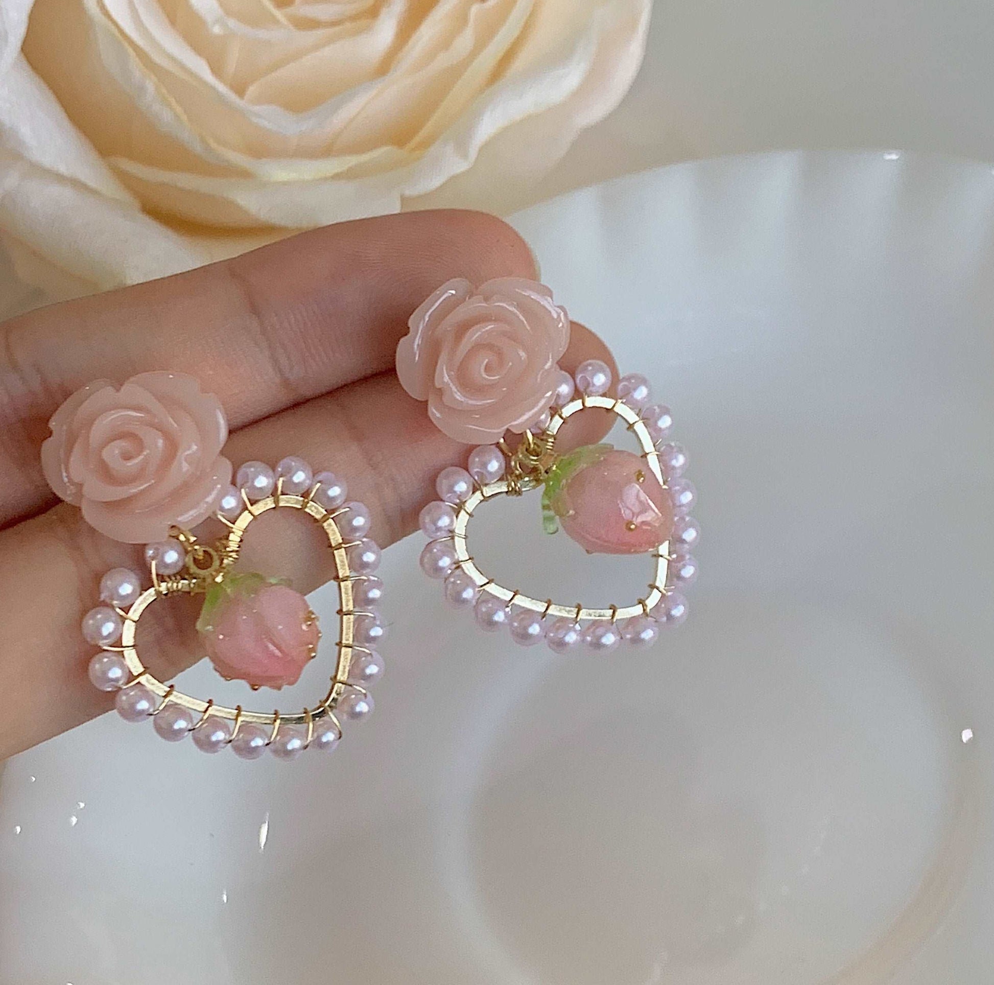 Beautiful Rose & Strawberry Pearl Earrings