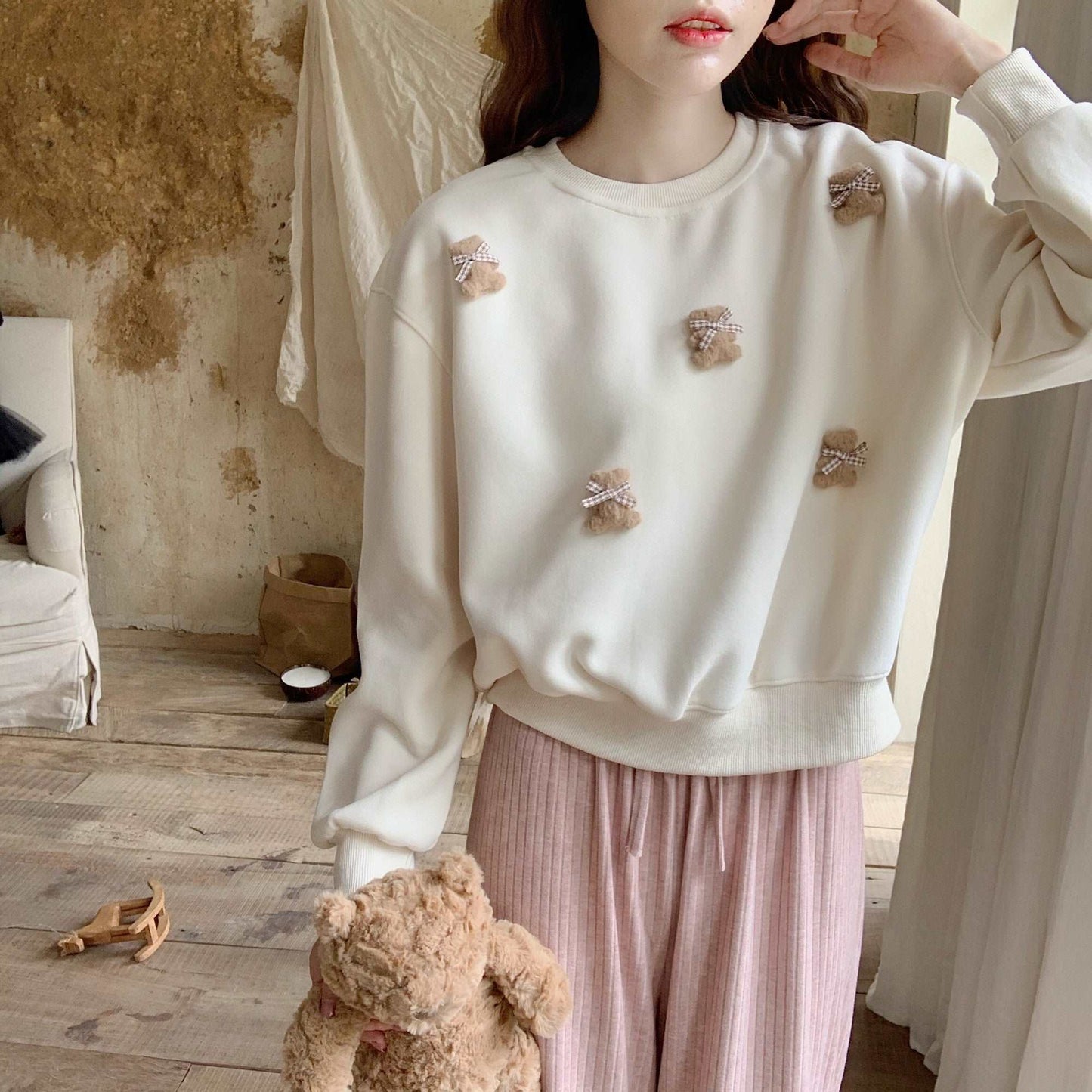 3D Teddy Bear Autumn Pullover Sweatshirt Red Cream Sweater