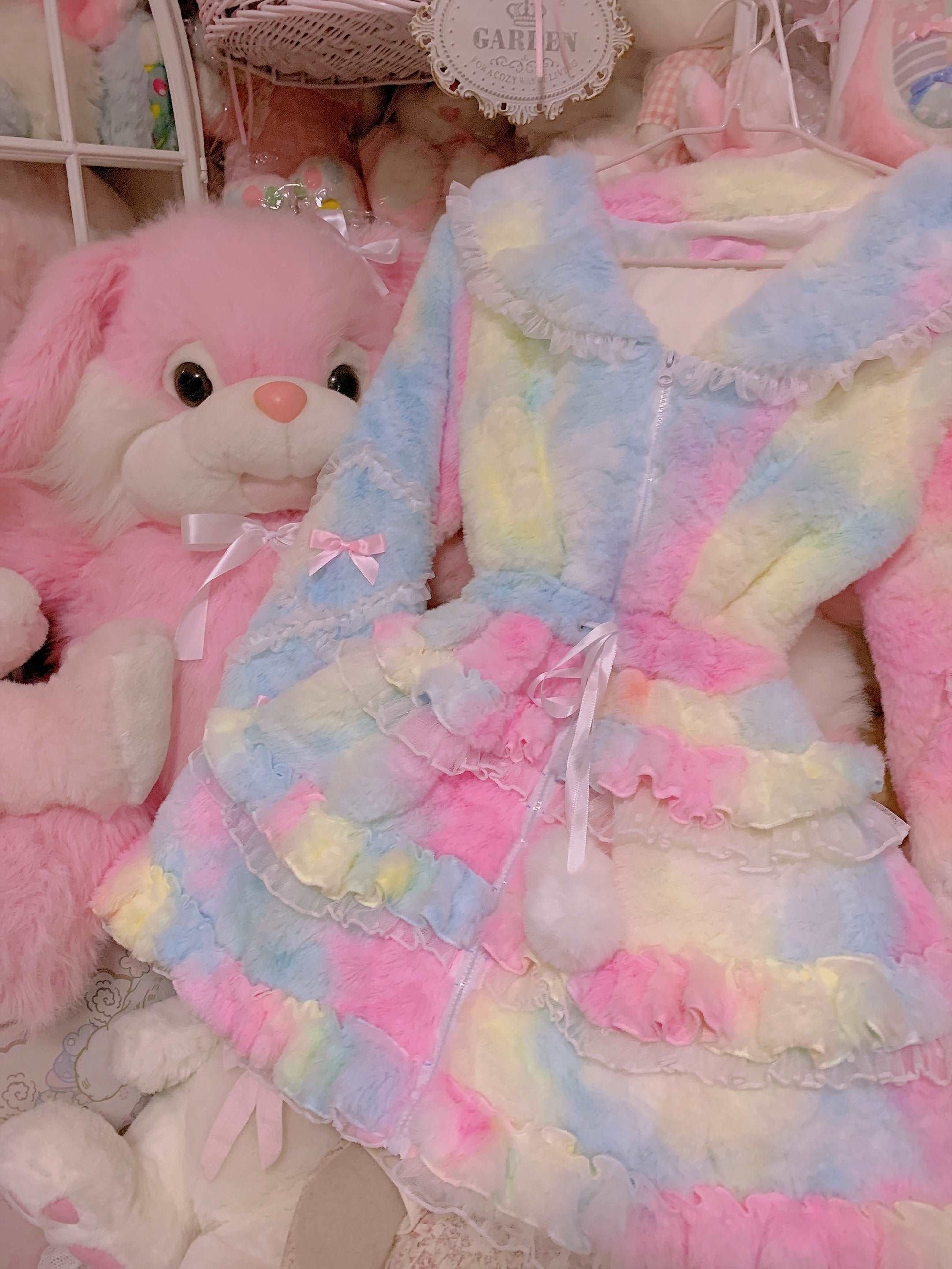 Rainbow Ice Cream Colorful Japanese Girl Princess Sailor Collar Bow Ruffled Plush Fur Coat Jacket