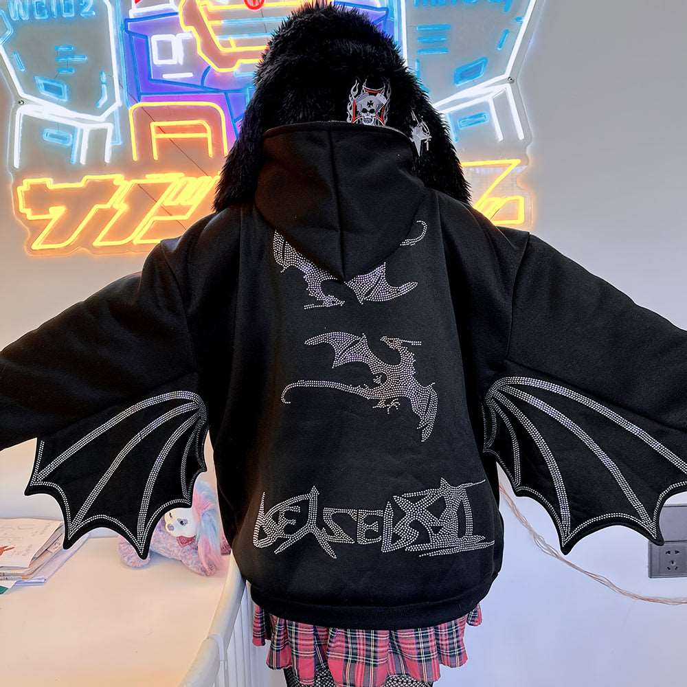 Black Dragon Wings Punk Japanese Harajuku Y2K Streetwear Casual Rhinestone Jacket Hoodie