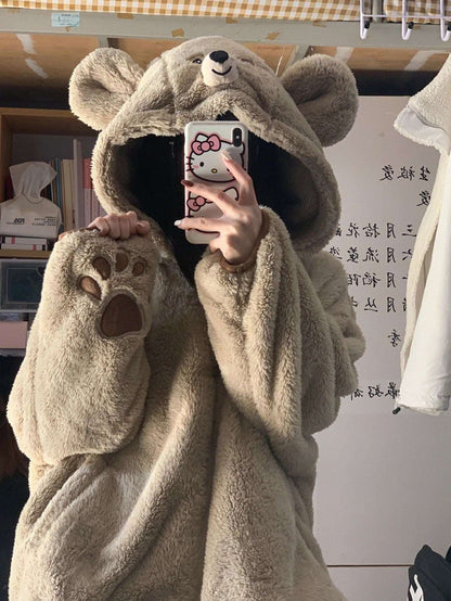 Cute Brown Teddy Bear Cartoon Girl Plush Coral Fleece Cozy Warm Winter Pajamas Sleepwear Long Sleeve Hoodie Tops & Pants Two Piece