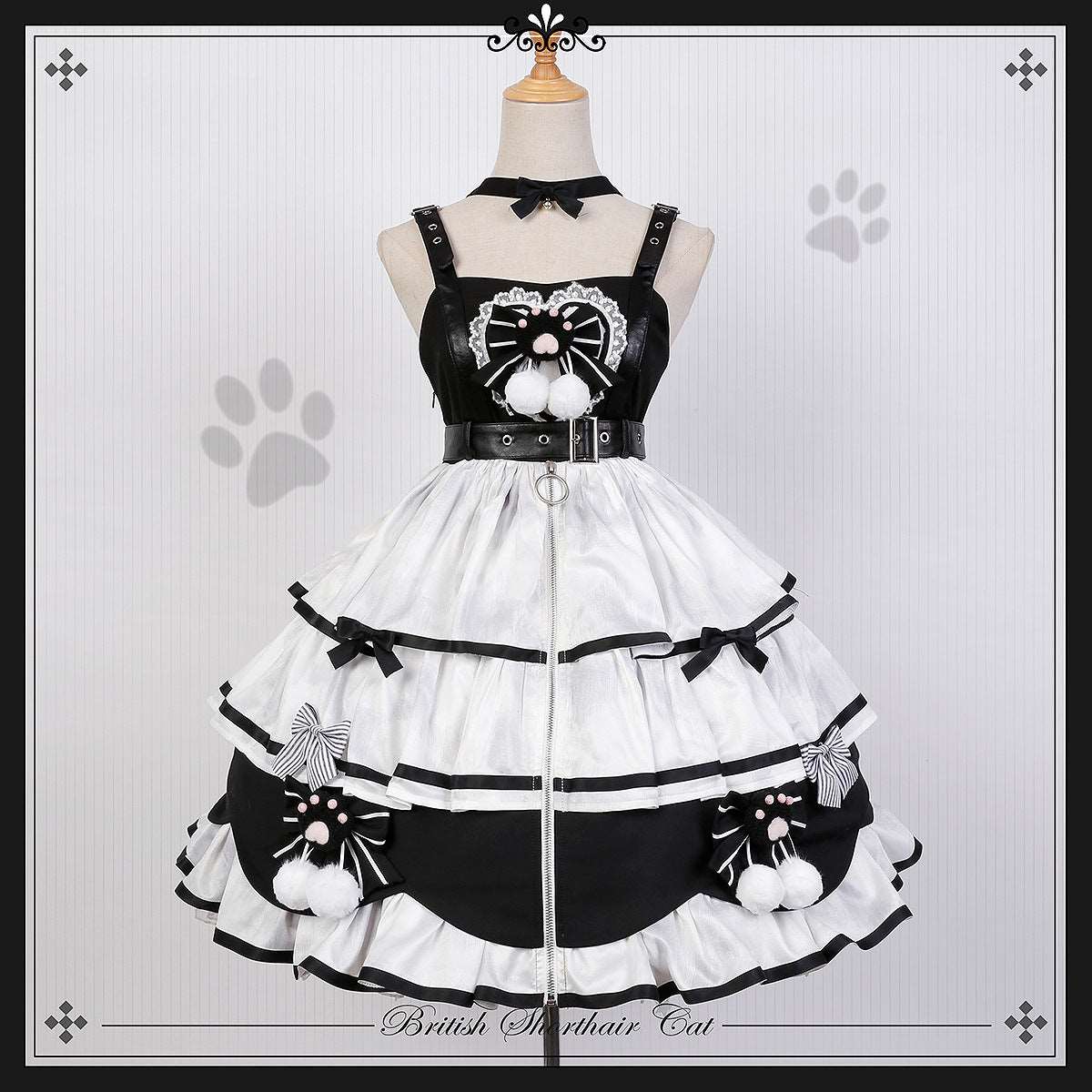 Black & White Cat Paw Maid Outfit Strap Dress Belt Collar Three Piece Set